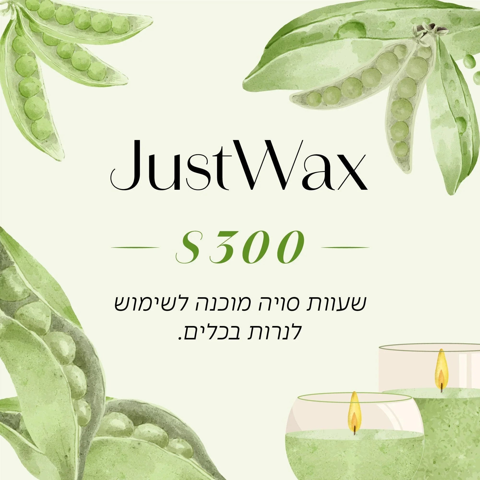 שעוות סויה מוכנה לשימוש לנרות בכלים, JustWax S300, עם תיאור צמחוני ונר דוגמה