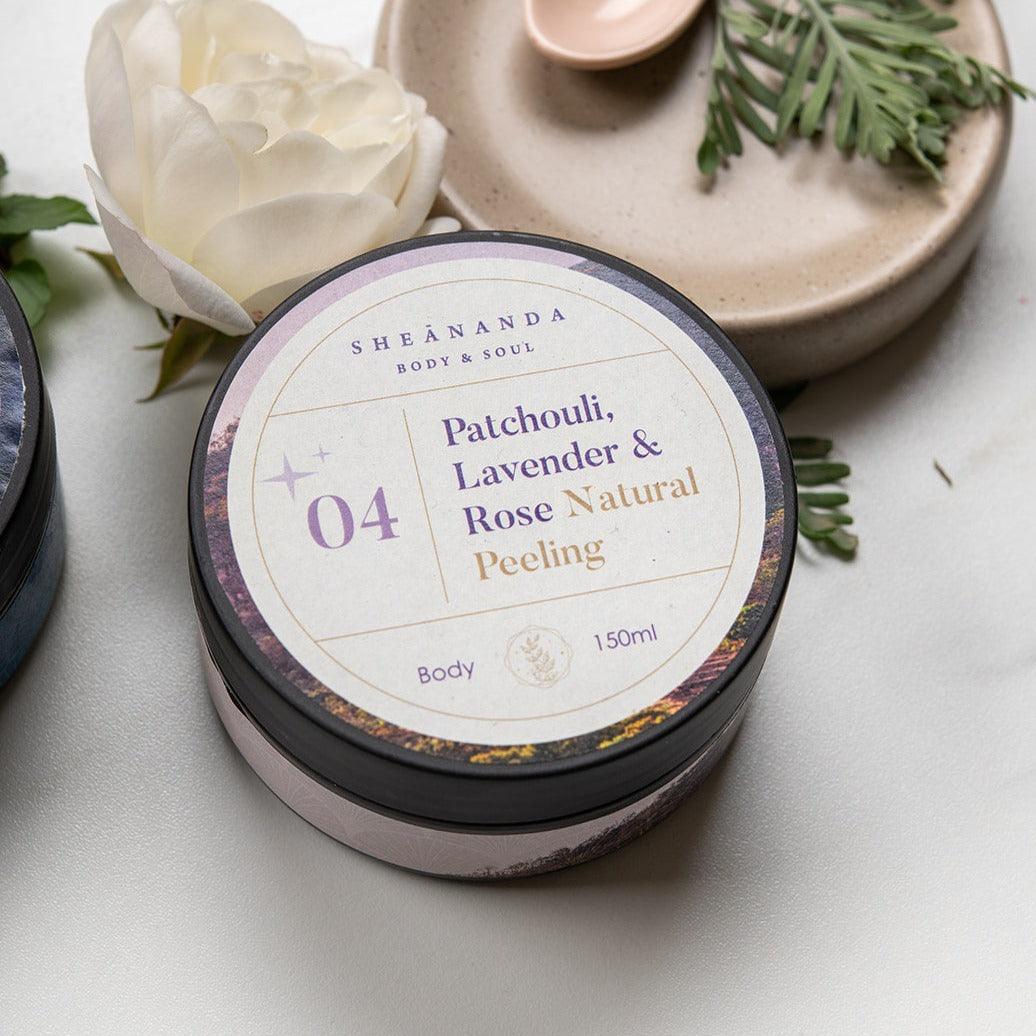 פילינג גוף ממלח ים המלח, תערובת שמנים צמחיים ושמנים אתרים פטשולי לבנדר ורדים - שיאננדה