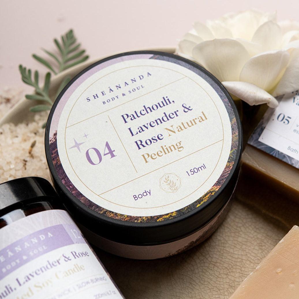 פילינג גוף ממלח ים המלח, תערובת שמנים צמחיים ושמנים אתרים פטשולי לבנדר ורדים - שיאננדה