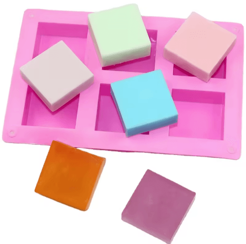 Silicone mold for making 6 square decorated soaps
