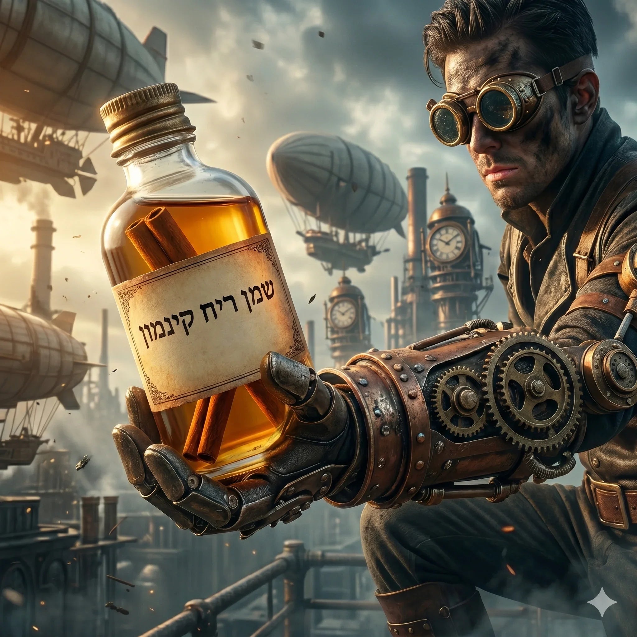 שמן ריח קינמון ליצירת נרות ריחניים, בקבוק עם קינמונים ויד מכנית בסגנון סטימפאנק