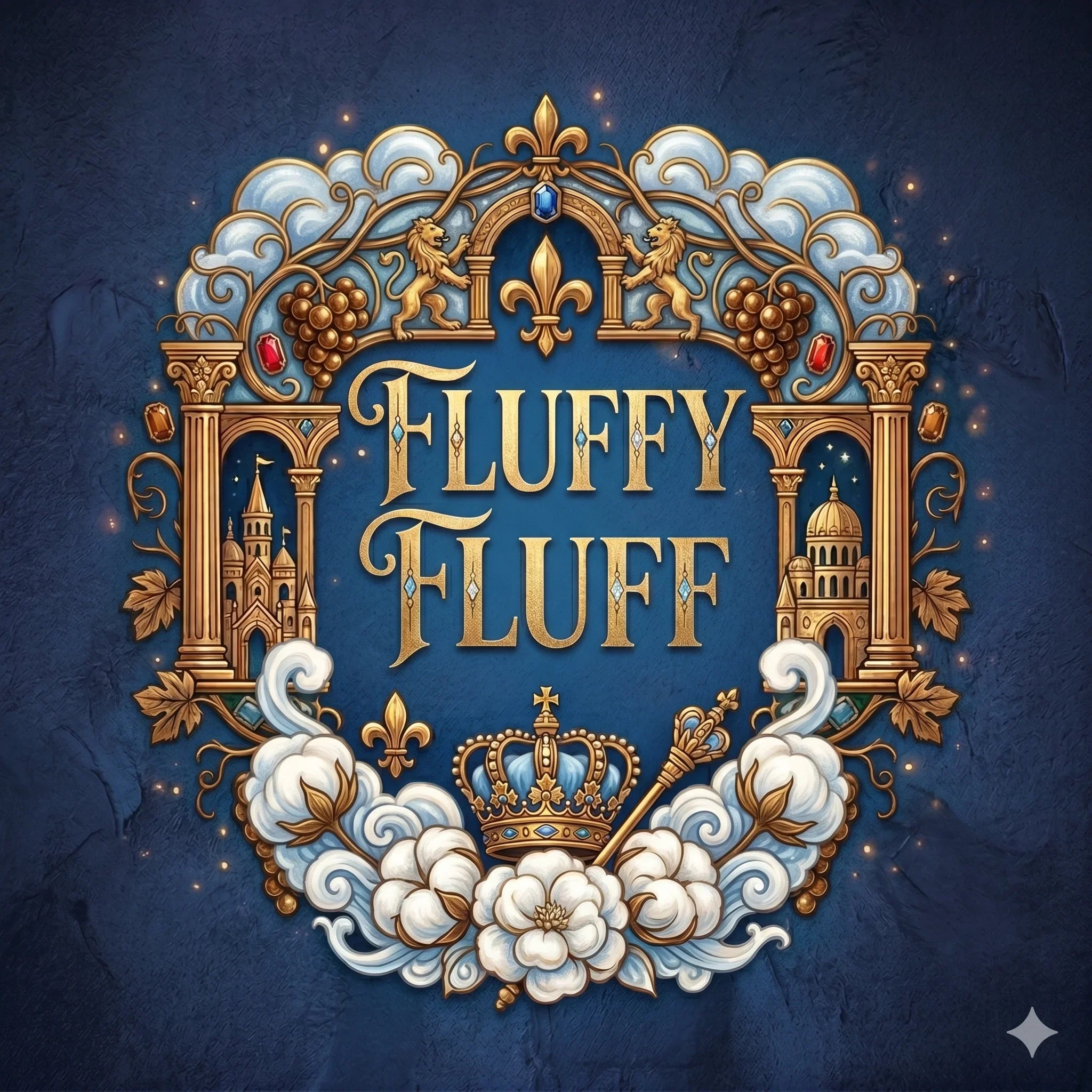 לוגו פלופי פלוף עם תכשיטים זהב, ענבים, עננים ועטרה על רקע כחול