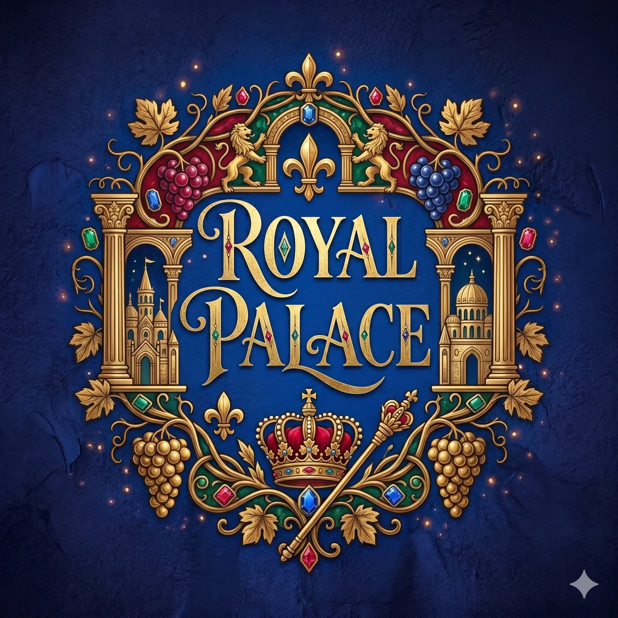 לוגו 'Royal Palace' עם עיטורים מלכותיים, אבנים יקרות וענבי יין על רקע כחול עשיר